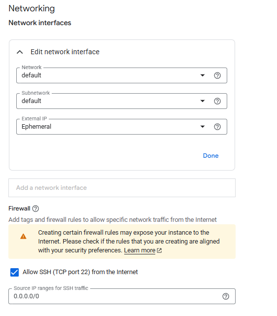 Milvus GCP networking configuration showing the network interface settings and the Allow SSH firewall rule