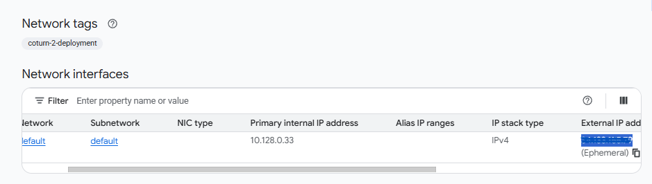 Milvus VM instance network interfaces showing the internal IP address and the ephemeral external IP