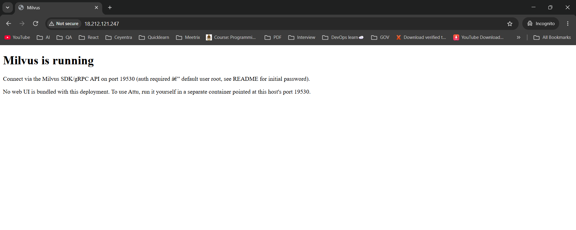 Milvus is running status page displayed in the browser at the instance's public IP address