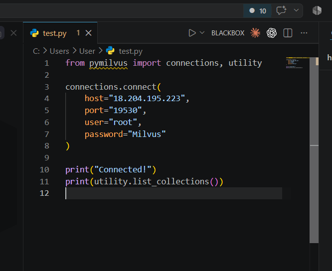 Python script connecting to a Milvus instance on GCP with pymilvus and listing collections