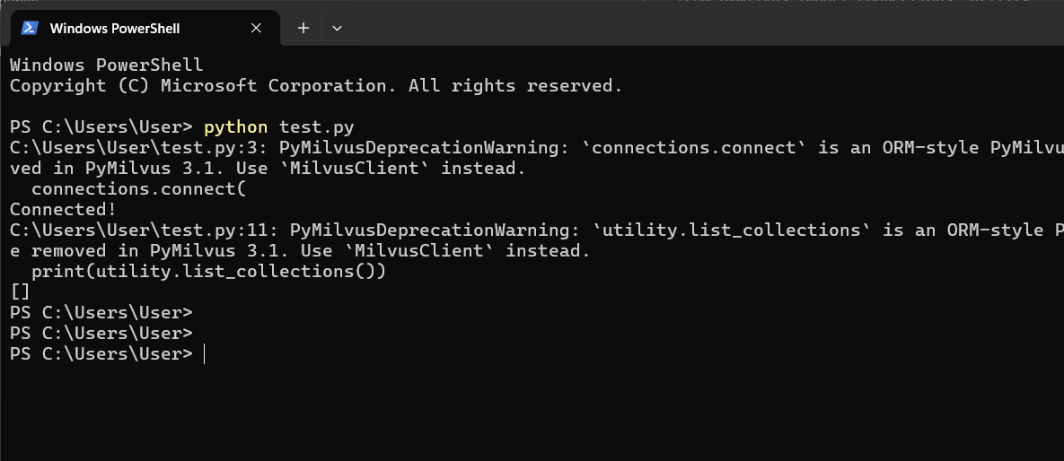 PowerShell terminal output showing a successful pymilvus connection to Milvus on GCP