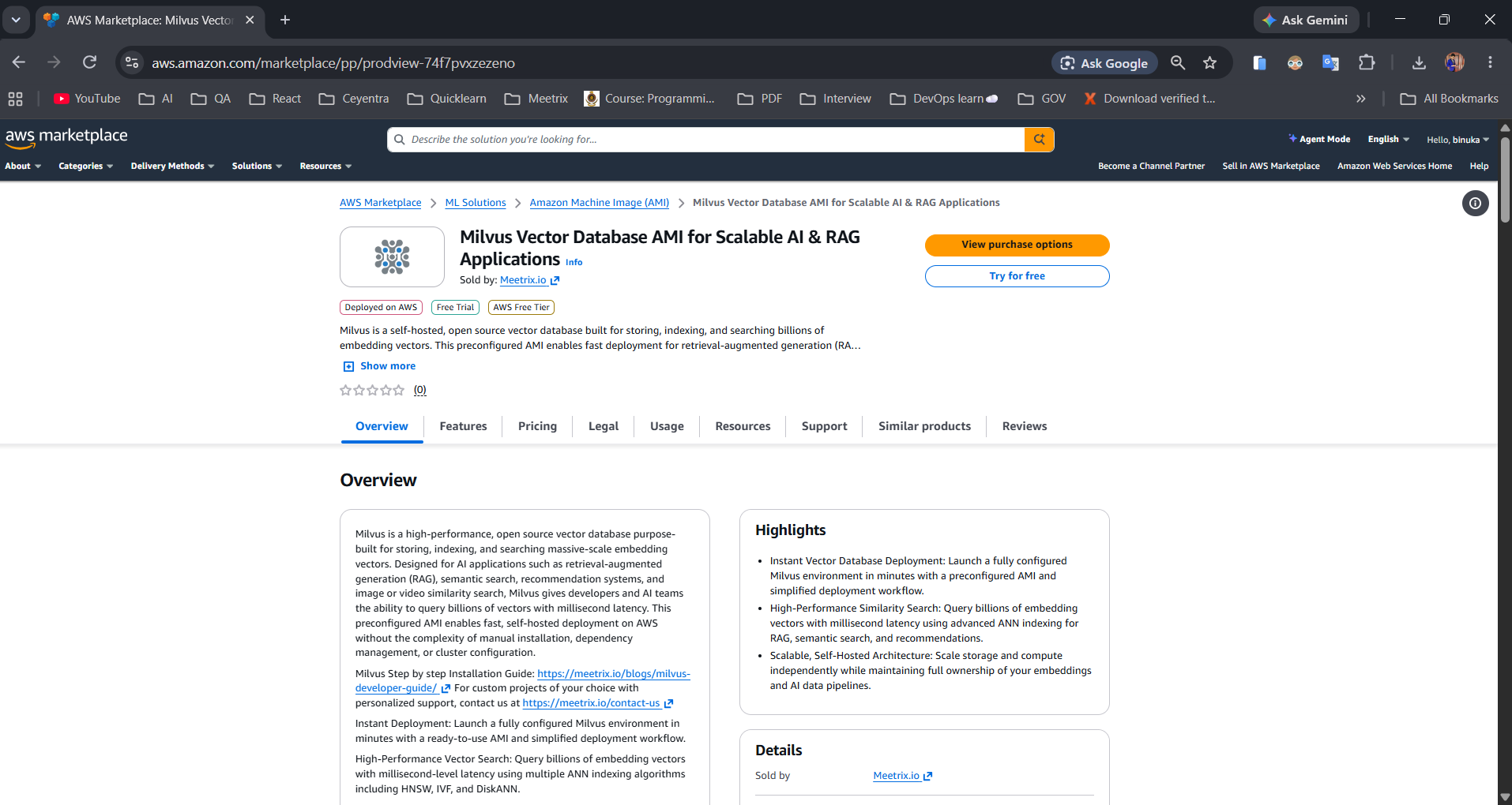 Milvus Vector Database AMI listing page on AWS Marketplace
