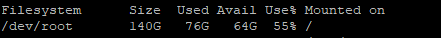 Terminal output of df -h showing root filesystem disk usage