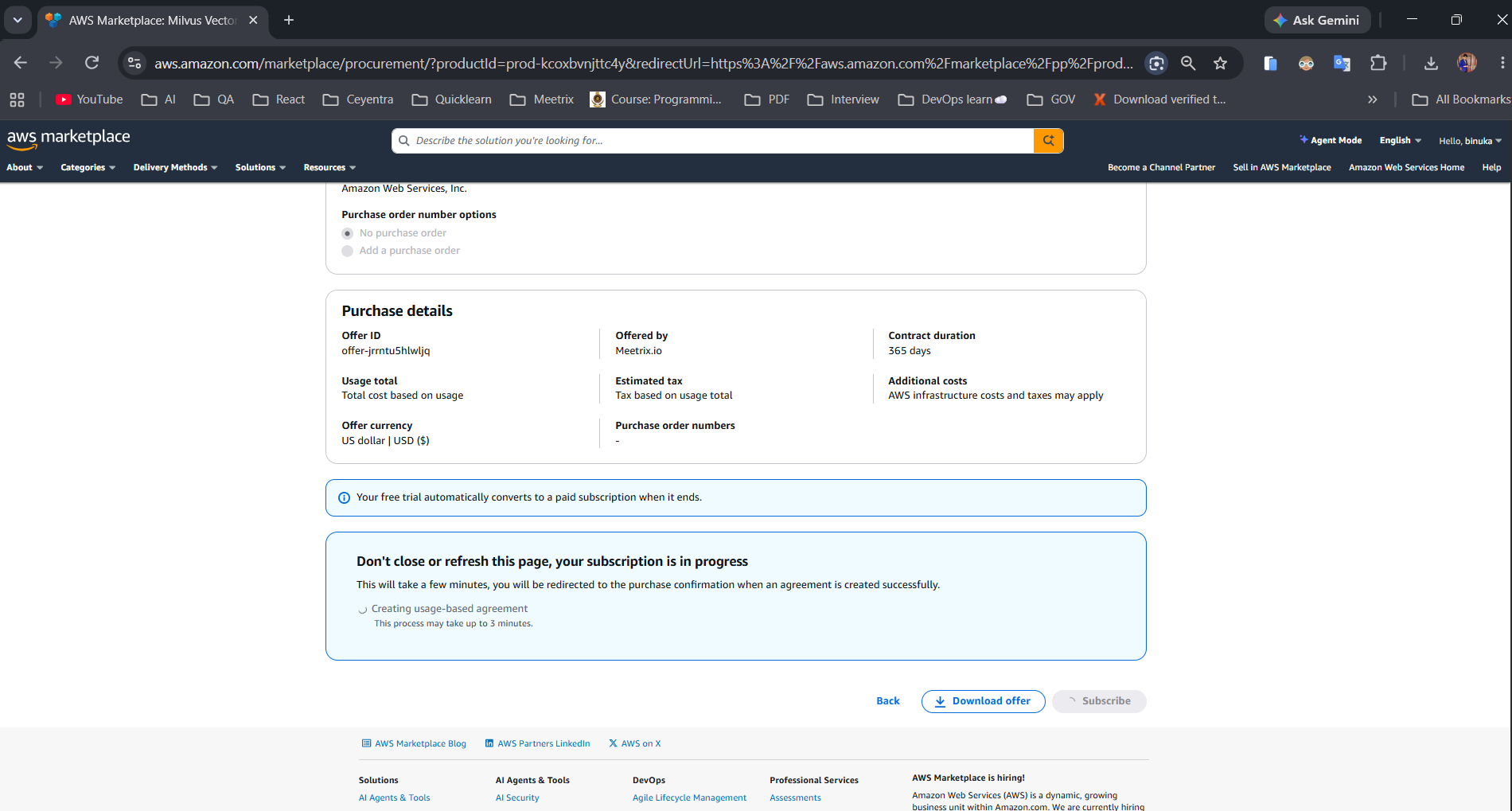 AWS Marketplace subscription page creating a usage-based agreement for Milvus