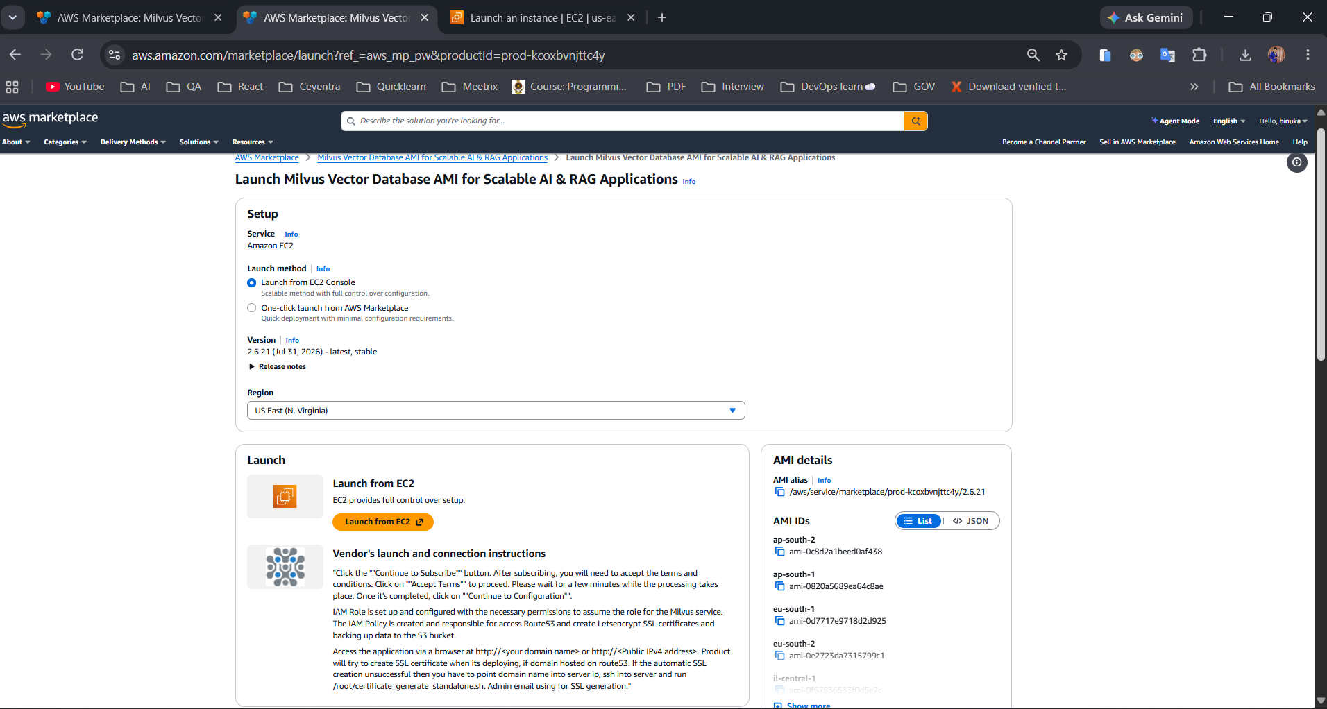 Milvus AMI launch method selection showing Launch from EC2 Console and One-click launch options