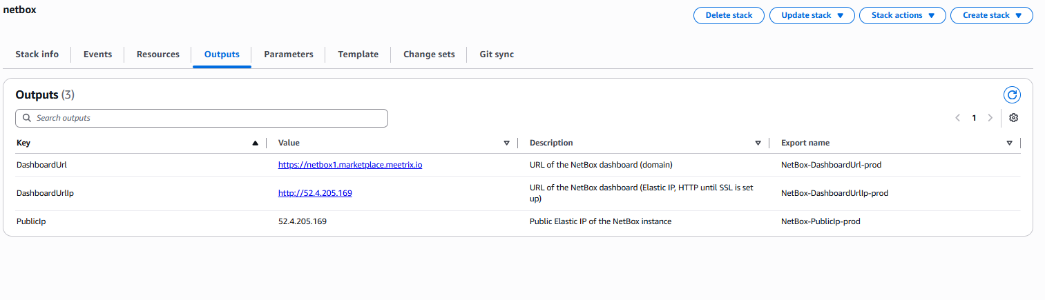NetBox CloudFormation stack Outputs tab listing DashboardUrl, DashboardUrlIp and PublicIp