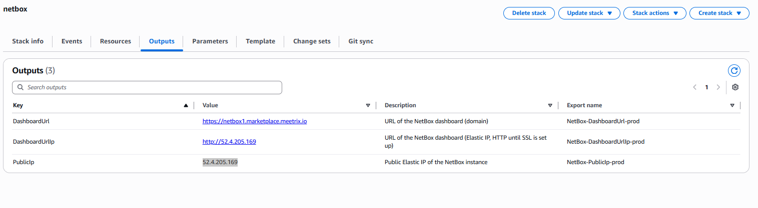 PublicIp Elastic IP value highlighted in the NetBox stack Outputs tab