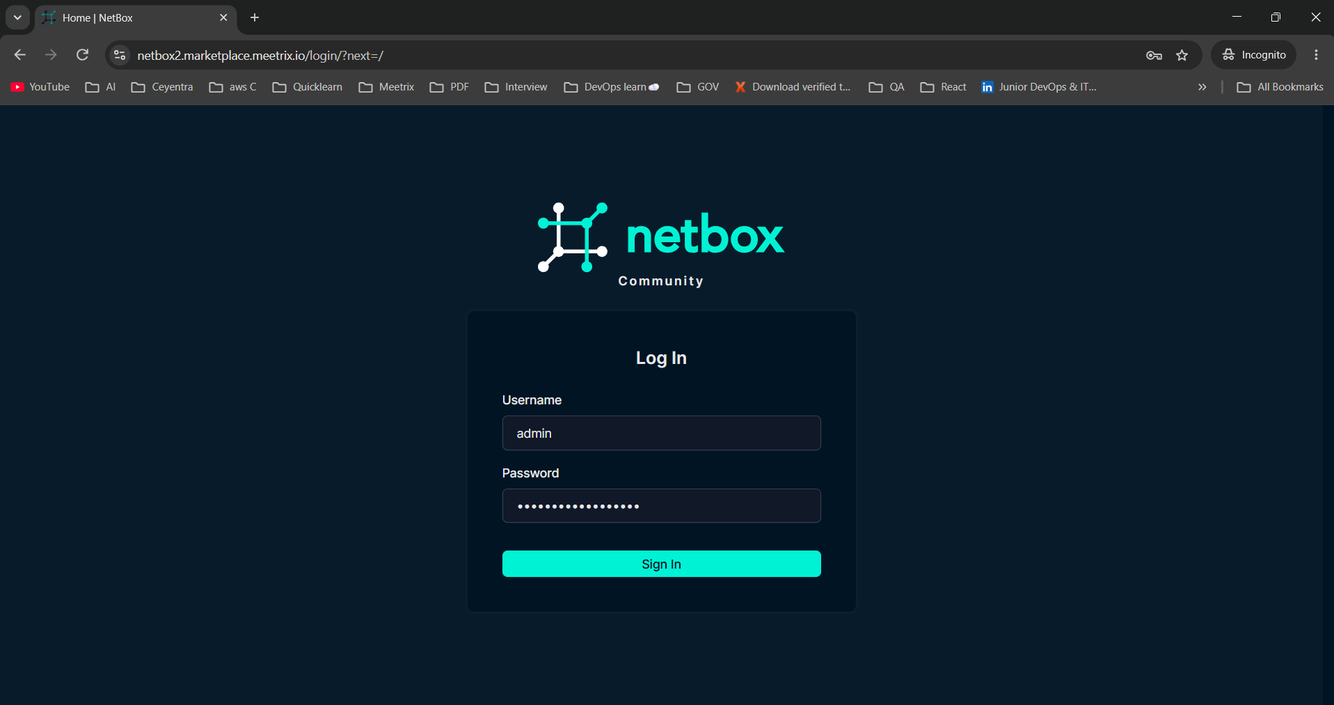 NetBox Community login page with the Username field set to admin and the Password field filled in
