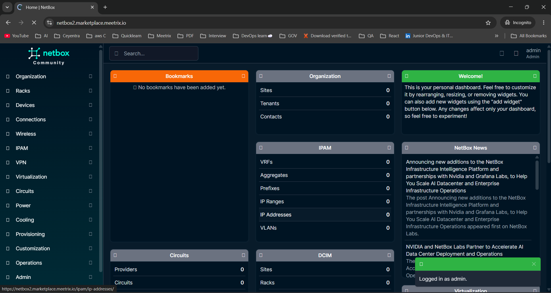NetBox dashboard after first login showing the navigation menu and empty Organization, IPAM, Circuits and DCIM widgets