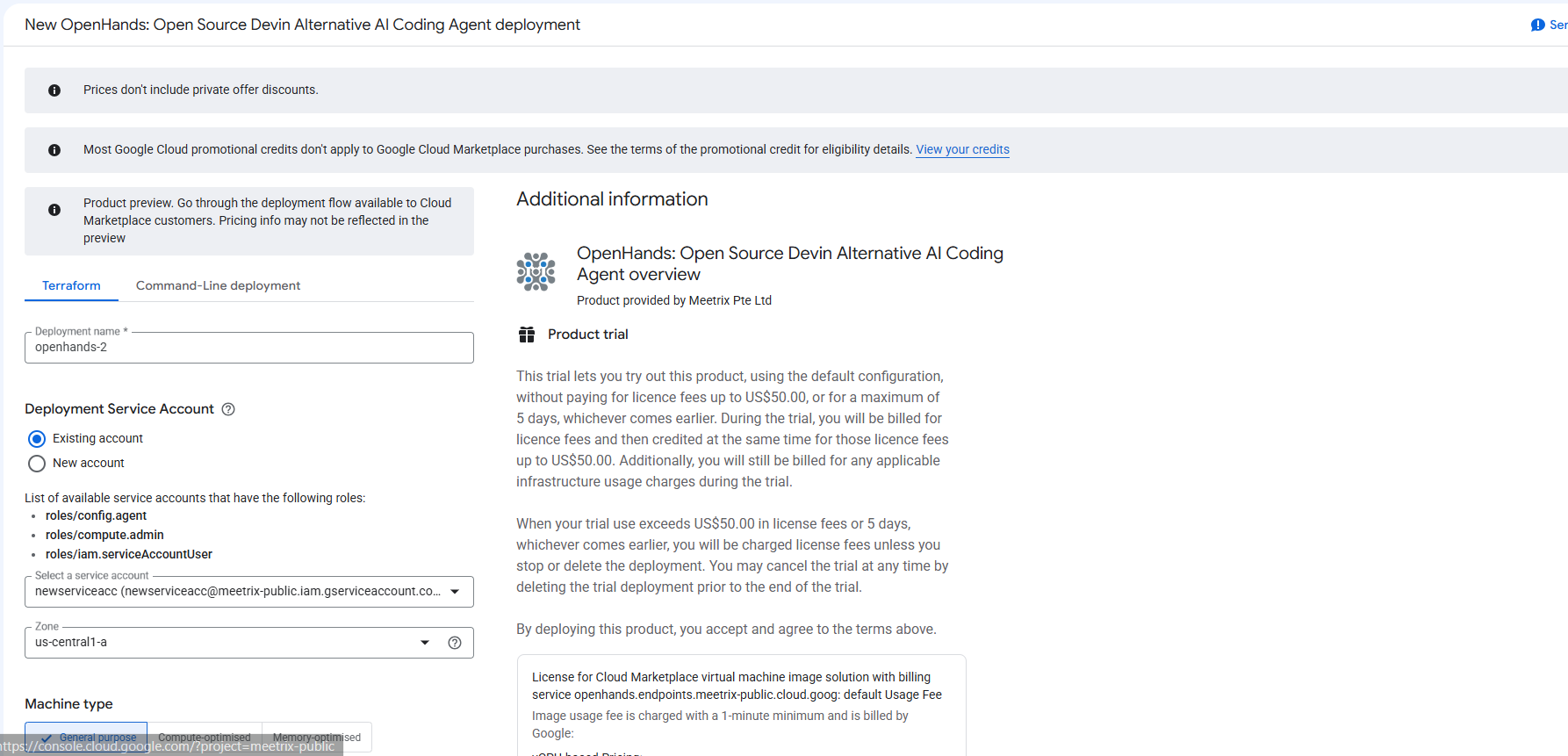 OpenHands GCP deployment configuration form showing the deployment name, deployment service account with roles config.agent, compute.admin, and iam.serviceAccountUser, the zone selector set to us-central1-a, and the General purpose machine type tab