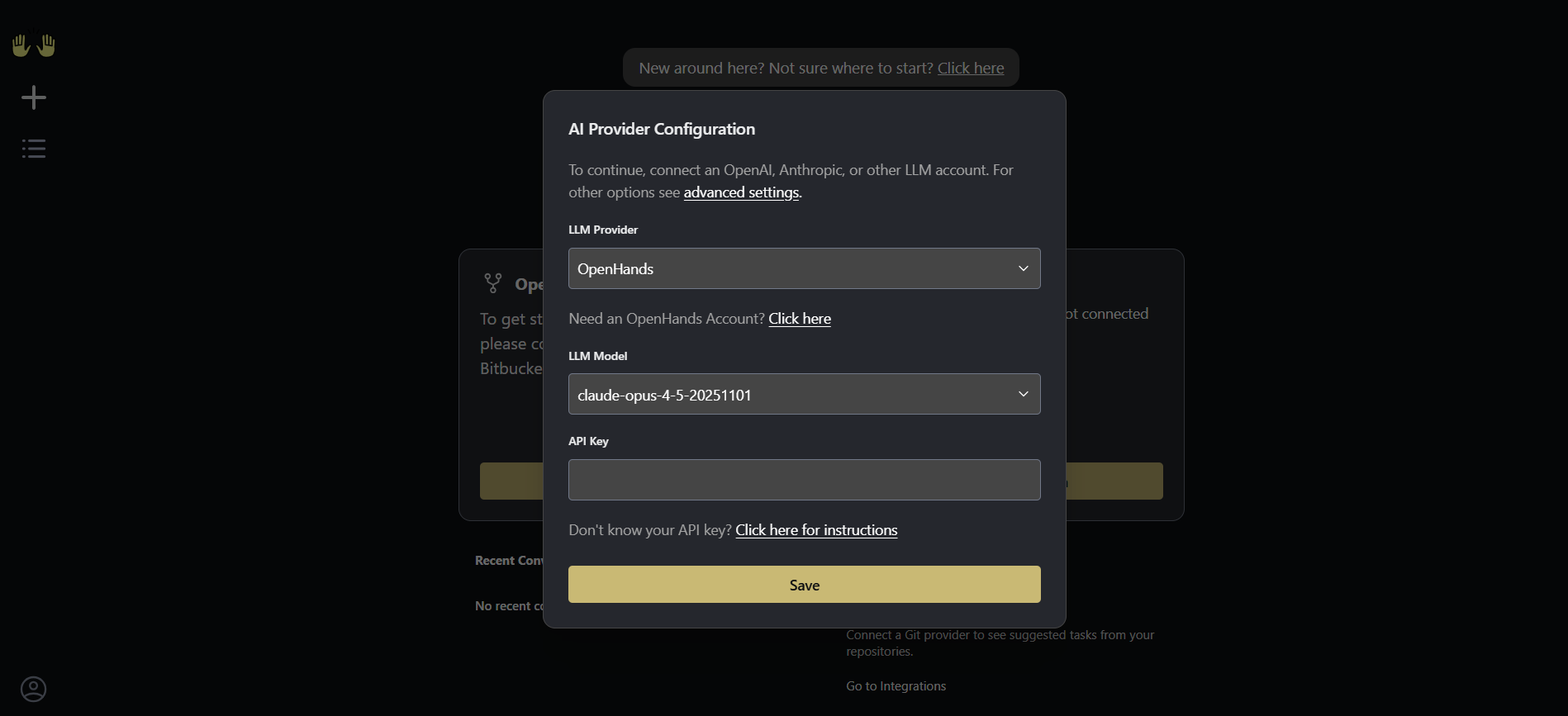 OpenHands AI Provider Configuration dialog with fields for LLM Provider set to OpenHands, LLM Model, and API Key, above a Save button