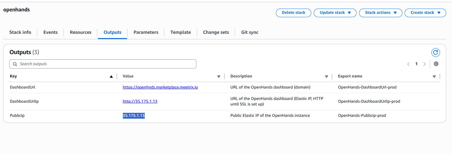 Copying the PublicIp value from the CloudFormation Outputs tab
