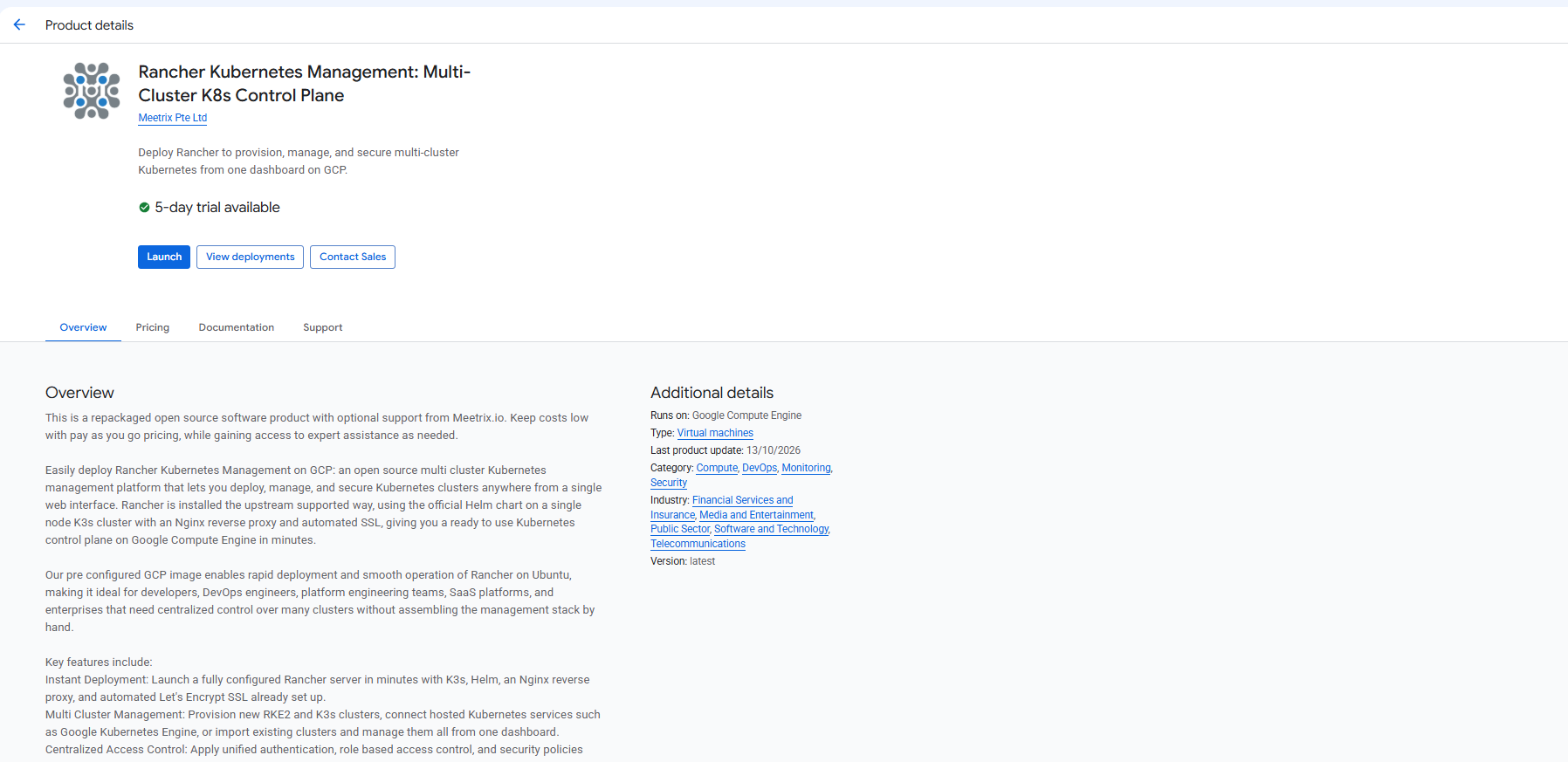 Rancher Kubernetes Management: Multi-Cluster K8s Control Plane listing on GCP Marketplace by Meetrix Pte Ltd, showing the 5-day trial badge and the Launch button