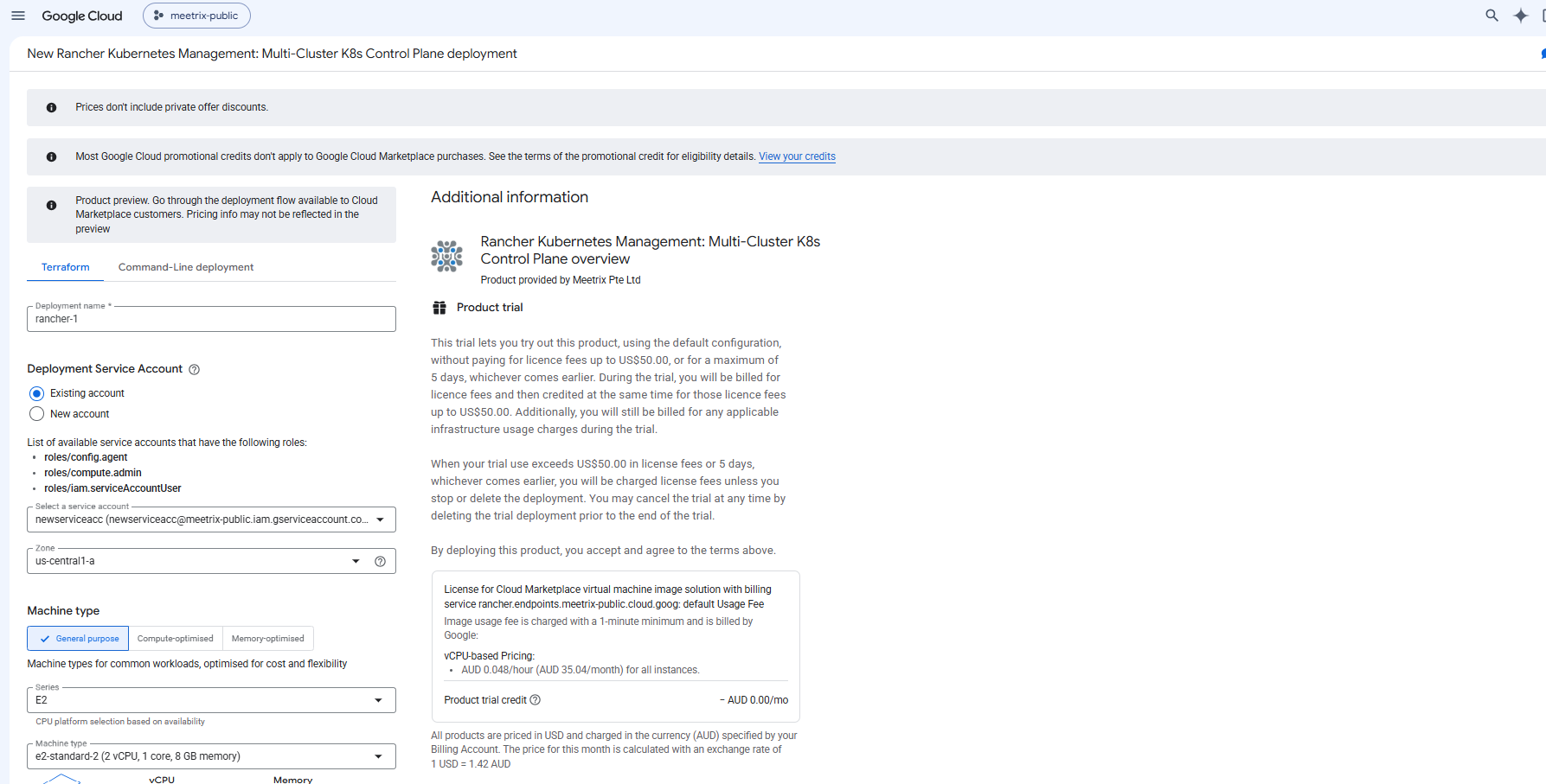 New Rancher Kubernetes Management deployment form on GCP showing the deployment name rancher-1, an existing deployment service account, the zone us-central1-a, the e2-standard-2 machine type, and the product trial terms