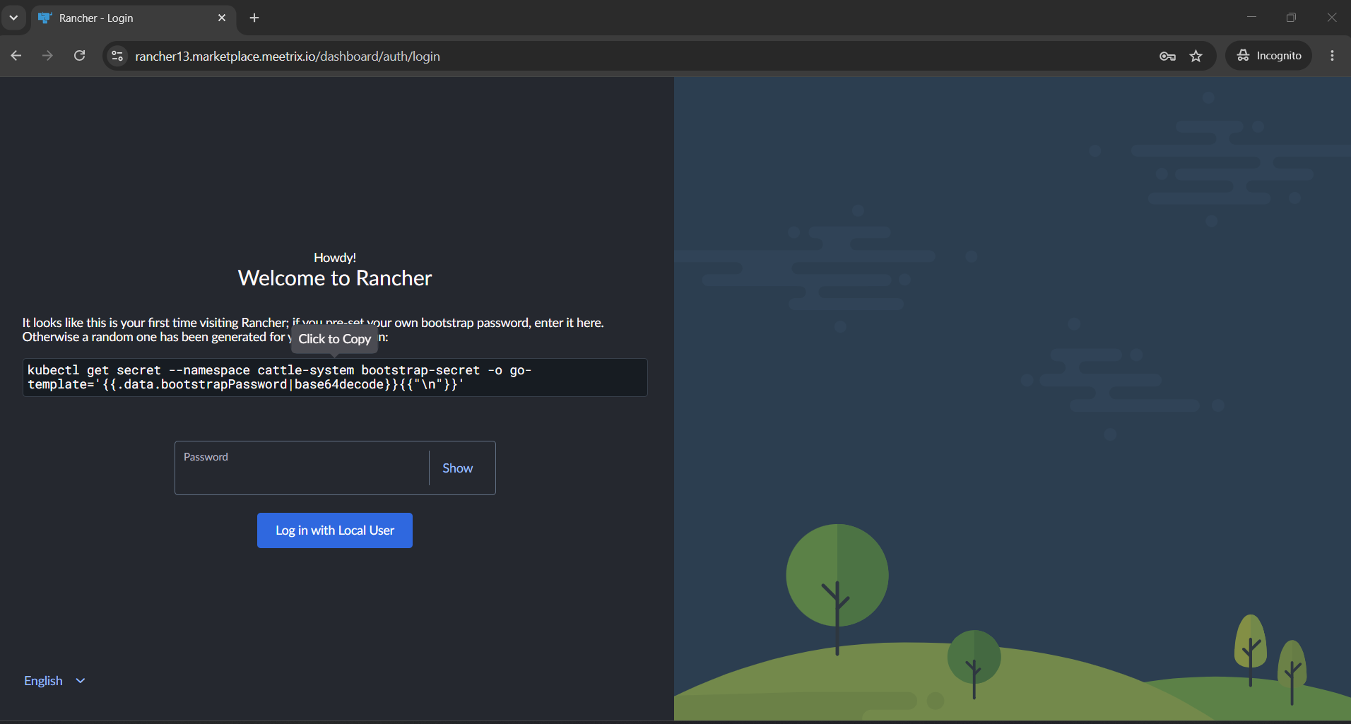 Rancher Welcome screen asking for the bootstrap password with a Log in with Local User button