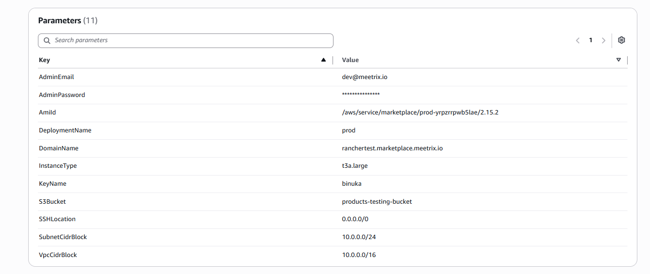 CloudFormation Parameters list for the Rancher stack showing AdminEmail, AdminPassword, AmiId, DeploymentName, DomainName, InstanceType set to t3a.large, KeyName, S3Bucket, SSHLocation and CIDR blocks