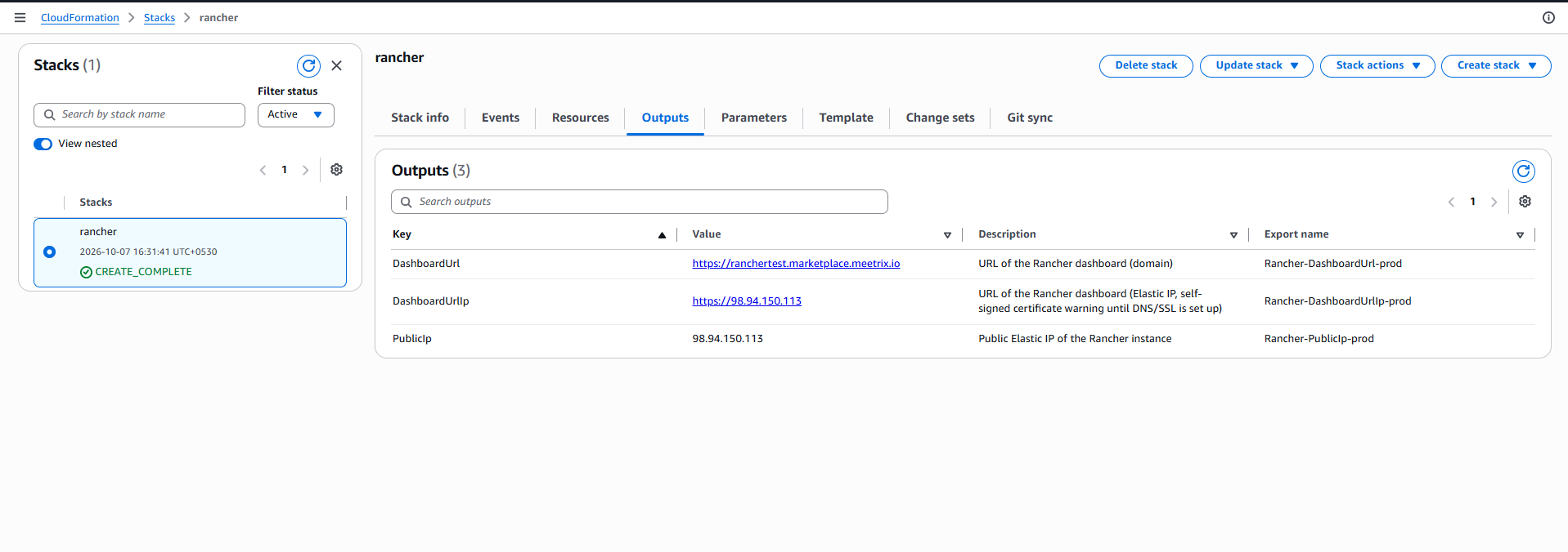 Rancher CloudFormation stack in CREATE_COMPLETE state with the Outputs tab listing DashboardUrl, DashboardUrlIp and PublicIp