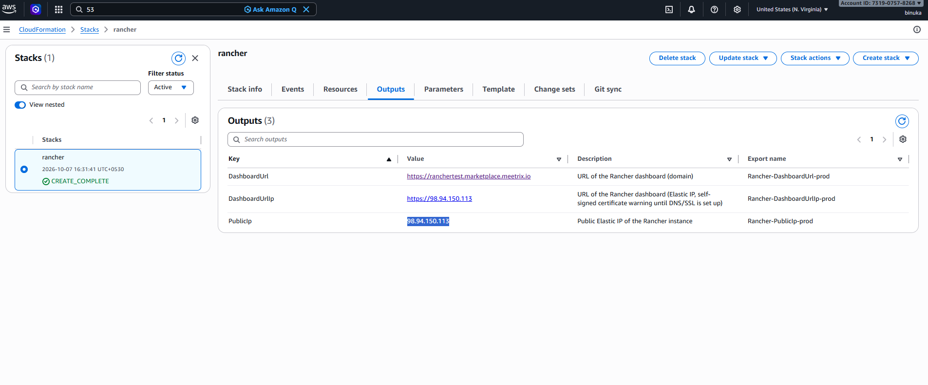 PublicIp value highlighted in the Rancher stack Outputs tab