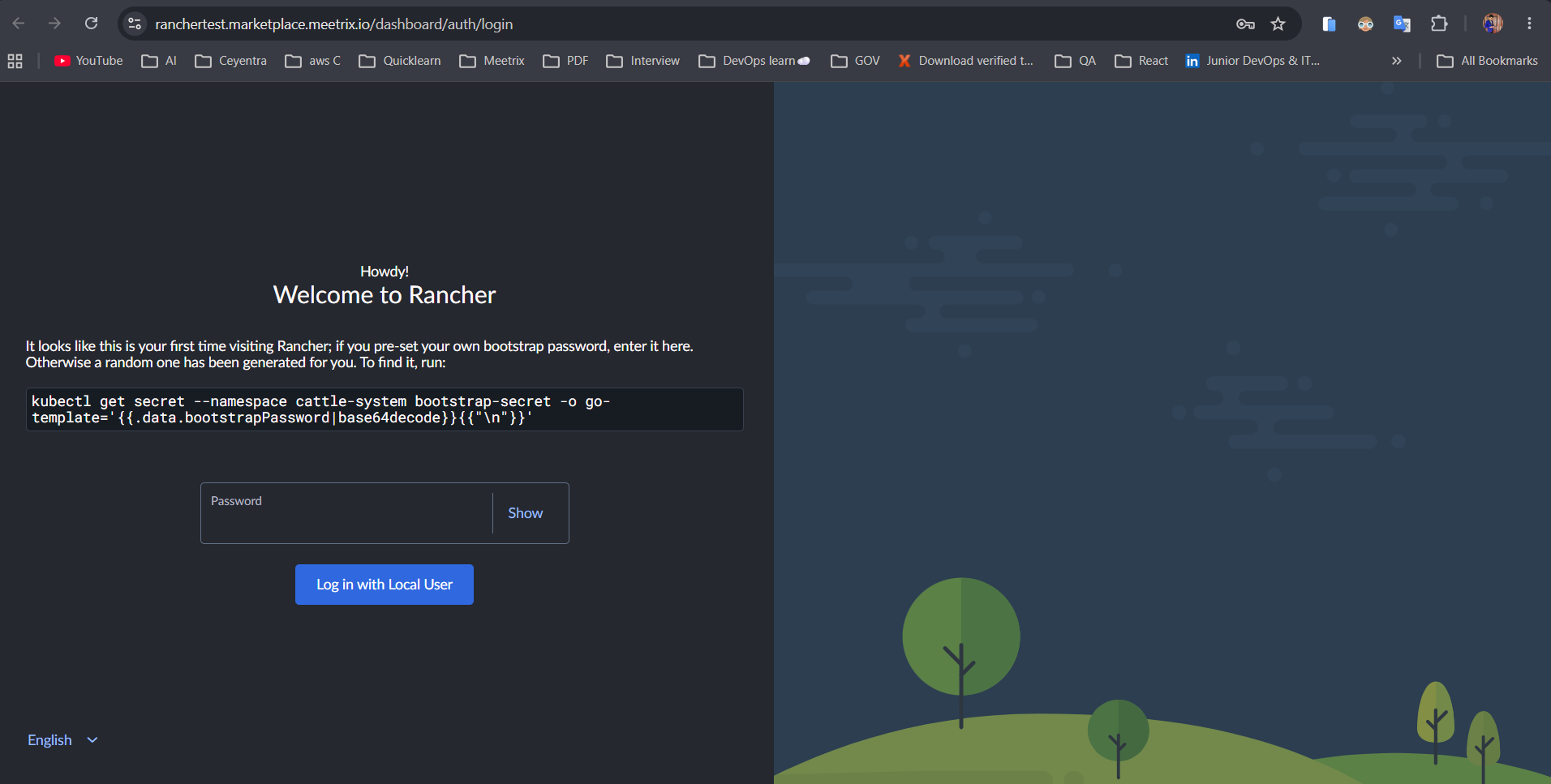 Rancher Welcome screen asking for the bootstrap password with a Log in with Local User button
