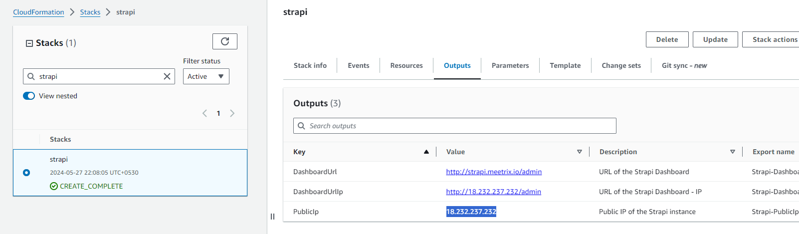 Copying the PublicIp from CloudFormation Outputs tab