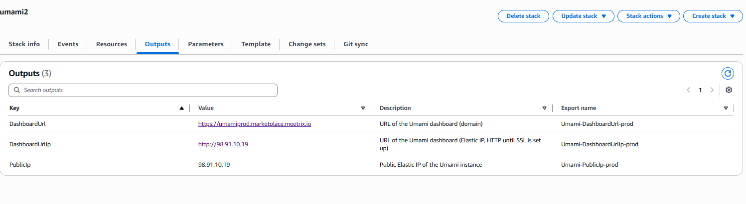 Umami CloudFormation stack Outputs tab listing DashboardUrl, DashboardUrlIp and PublicIp