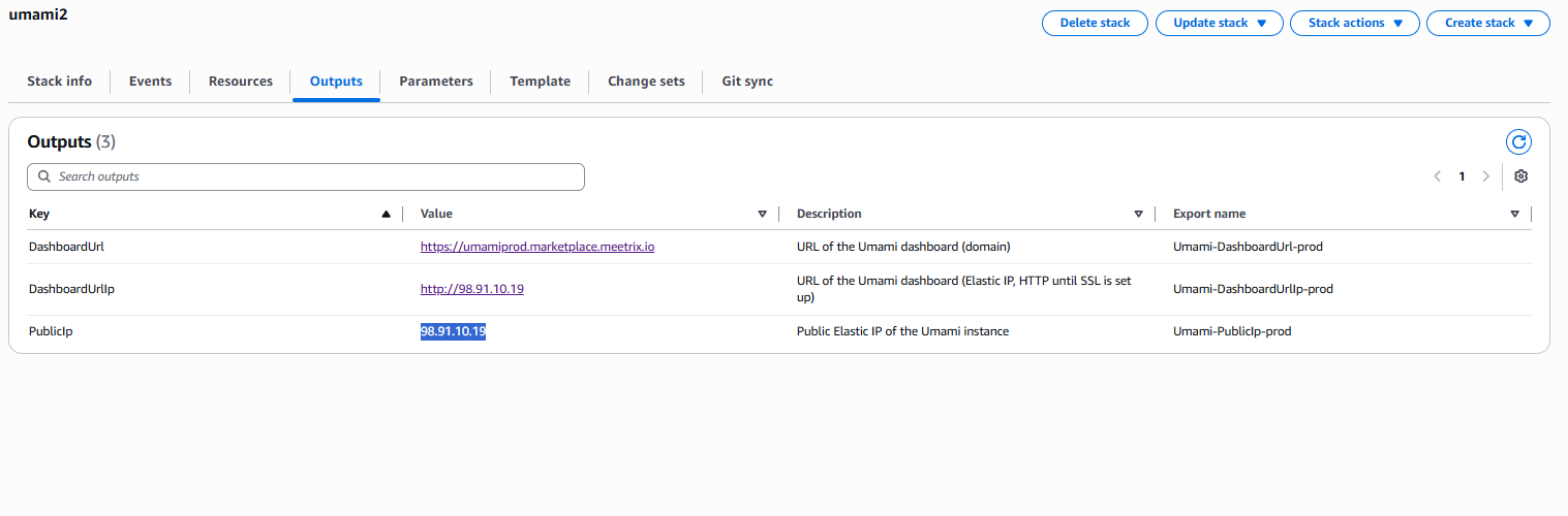 PublicIp Elastic IP value highlighted in the Umami stack Outputs tab