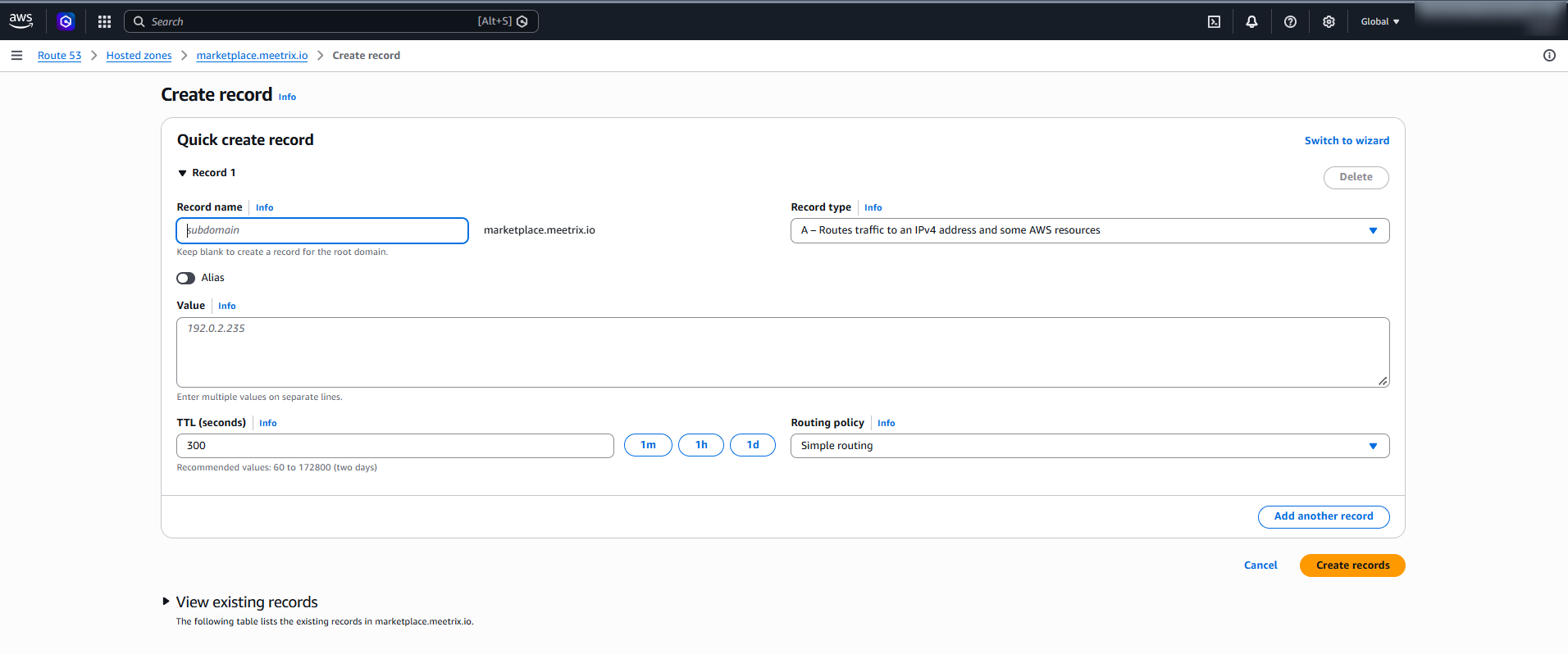 Route 53 Quick create record form with an A record for the Umami subdomain