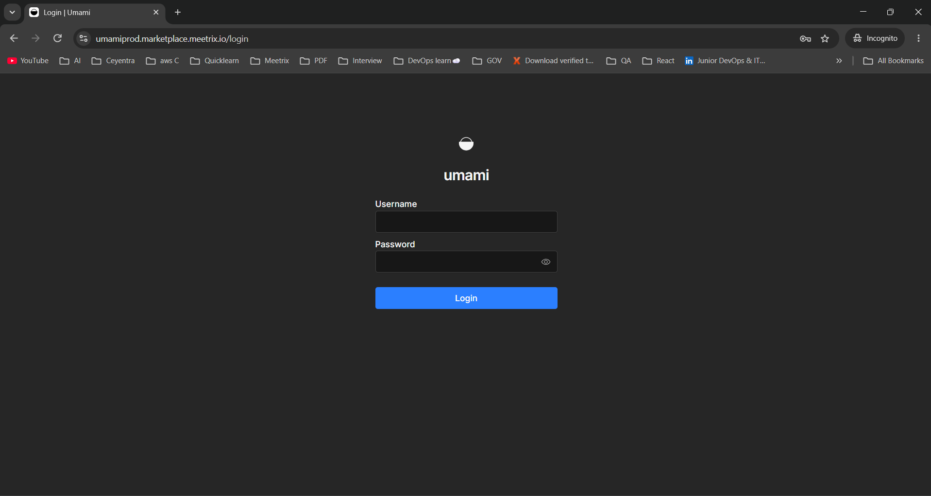 Umami login page with Username and Password fields