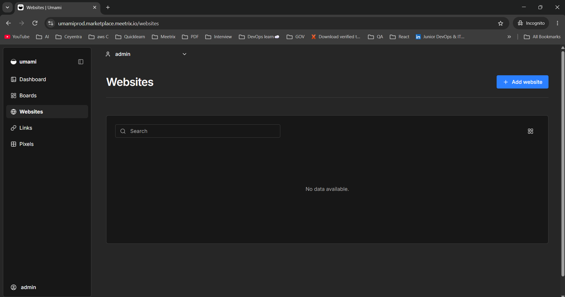 Umami Websites page showing no data and the Add website button