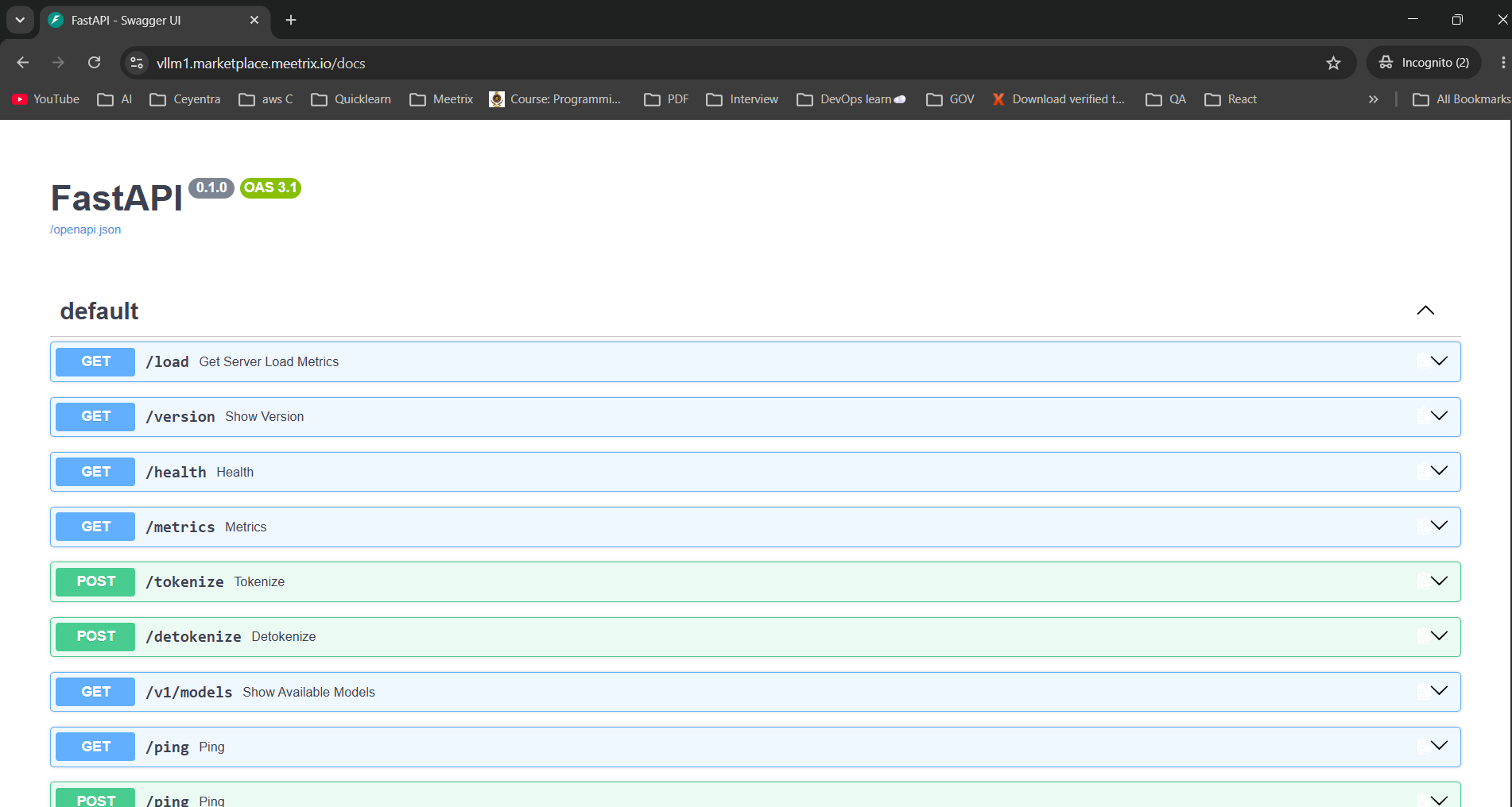 Swagger UI page served by the vLLM instance over HTTPS, listing routes including GET /load, GET /version, GET /health, GET /metrics, POST /tokenize, POST /detokenize, and GET /v1/models