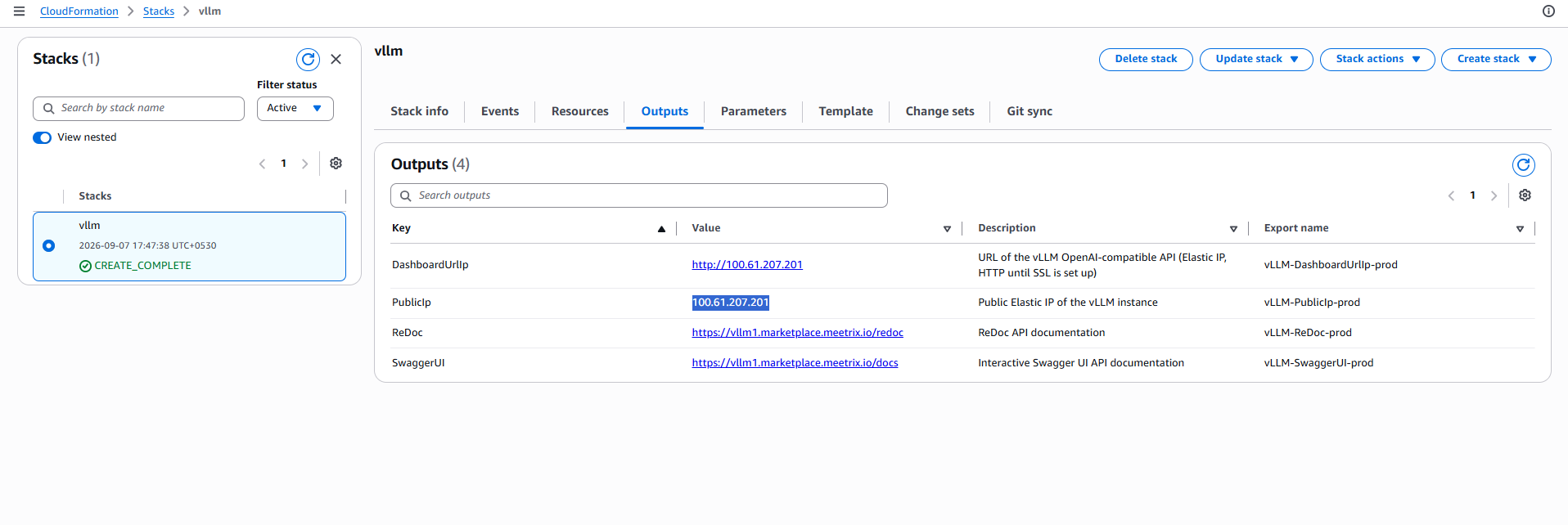 Copying the PublicIp value from the CloudFormation Outputs tab of the vLLM stack