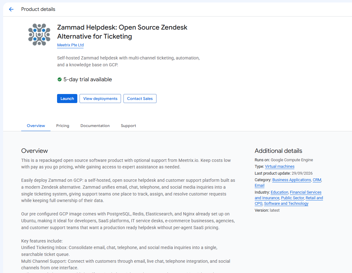Zammad Helpdesk product listing on GCP Marketplace by Meetrix Pte Ltd, showing the 5-day trial badge and the Launch button
