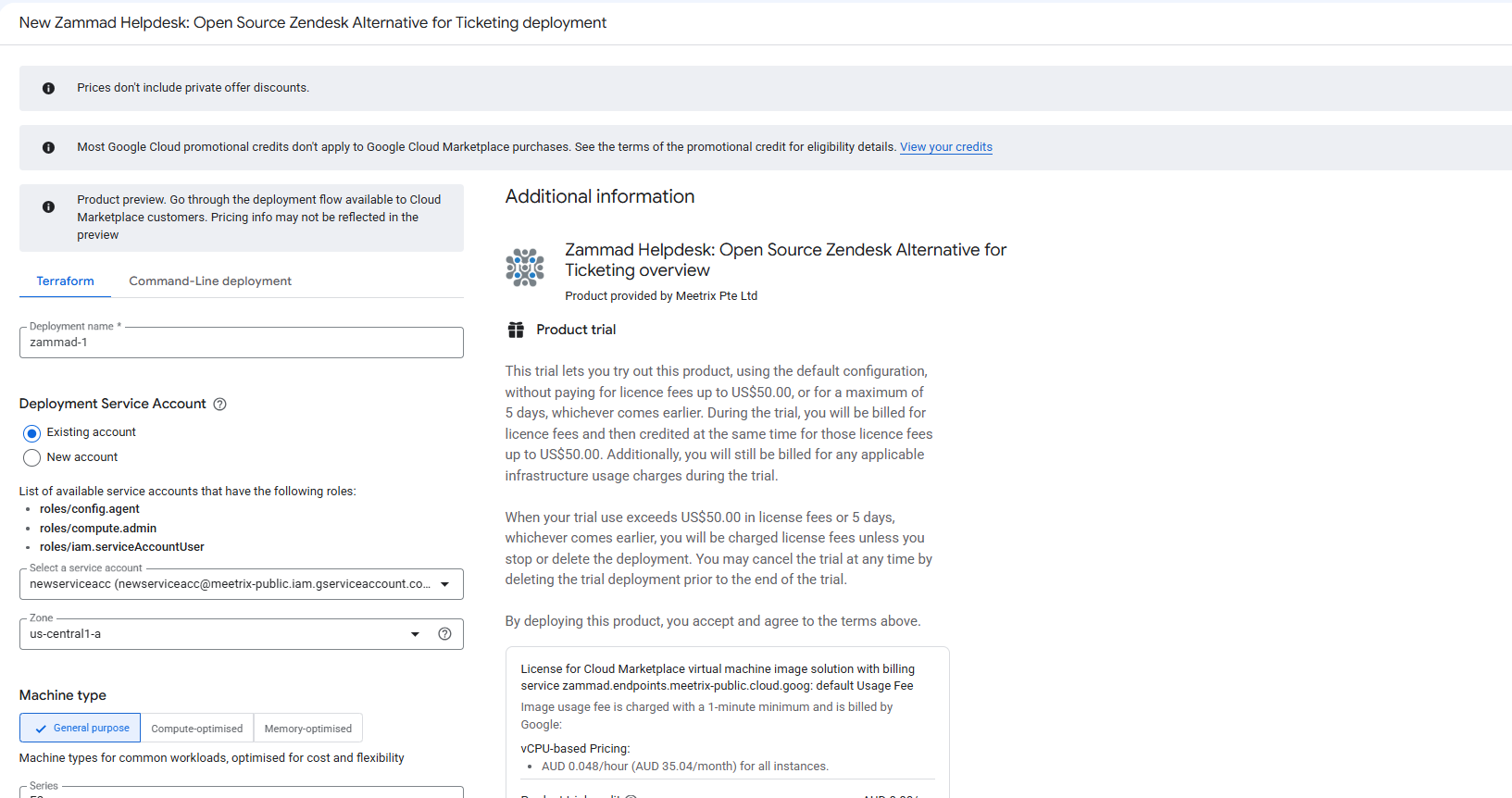 New Zammad Helpdesk deployment form on GCP showing the deployment name zammad-1, an existing deployment service account, the zone us-central1-a, and the product trial terms
