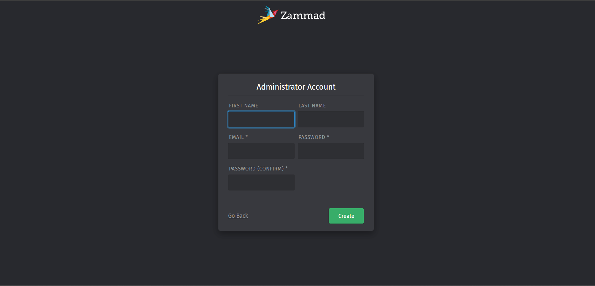 Zammad Administrator Account form with first name, last name, email, password, and password confirmation fields and the Create button