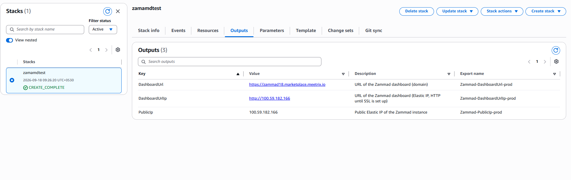 Zammad CloudFormation stack Outputs tab showing DashboardUrl, DashboardUrlIp, and PublicIp after a successful CREATE_COMPLETE