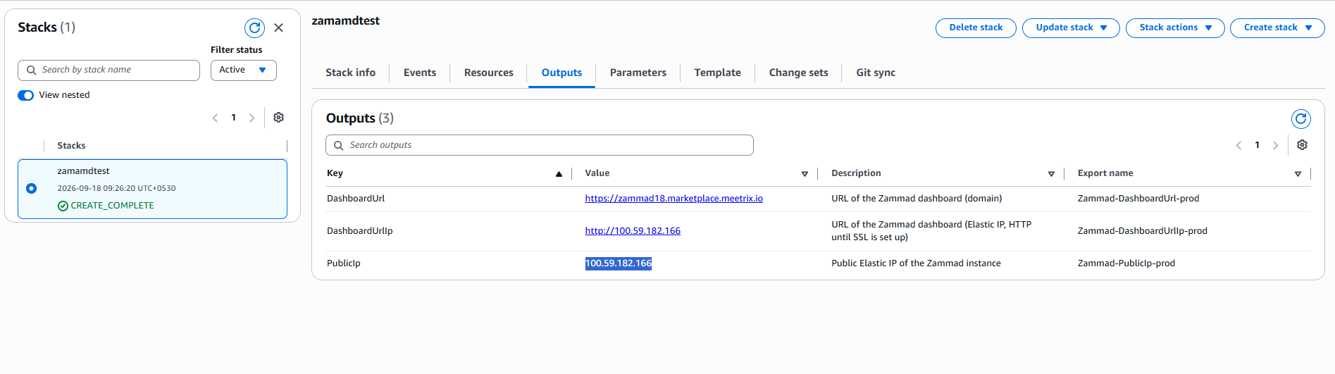 Copying the PublicIp value from the CloudFormation Outputs tab