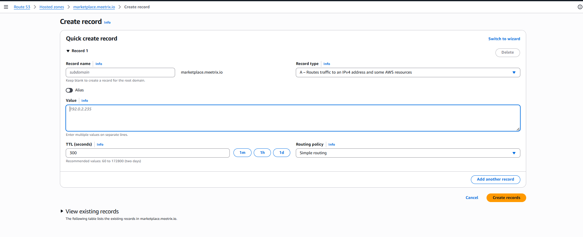 Creating an A record in AWS Route 53 for the Zammad domain
