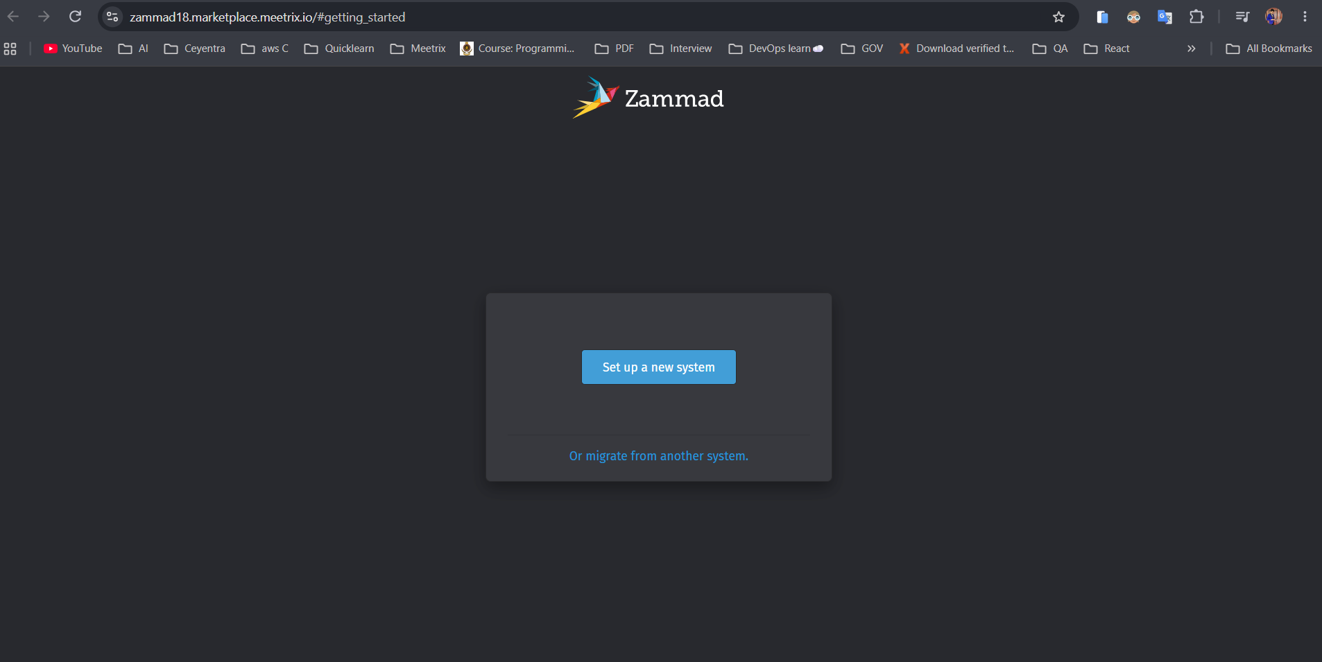 Zammad onboarding screen with options to set up a new system or migrate from another system