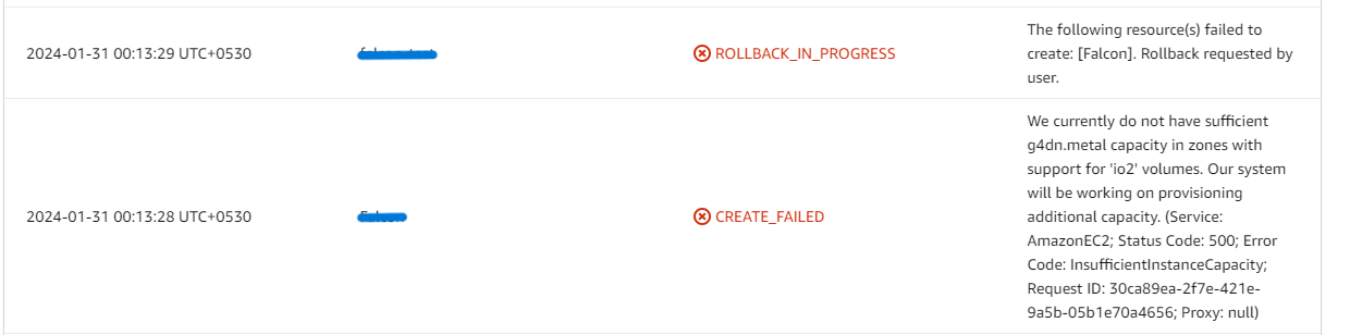 AWS insufficient instance capacity error during stack creation