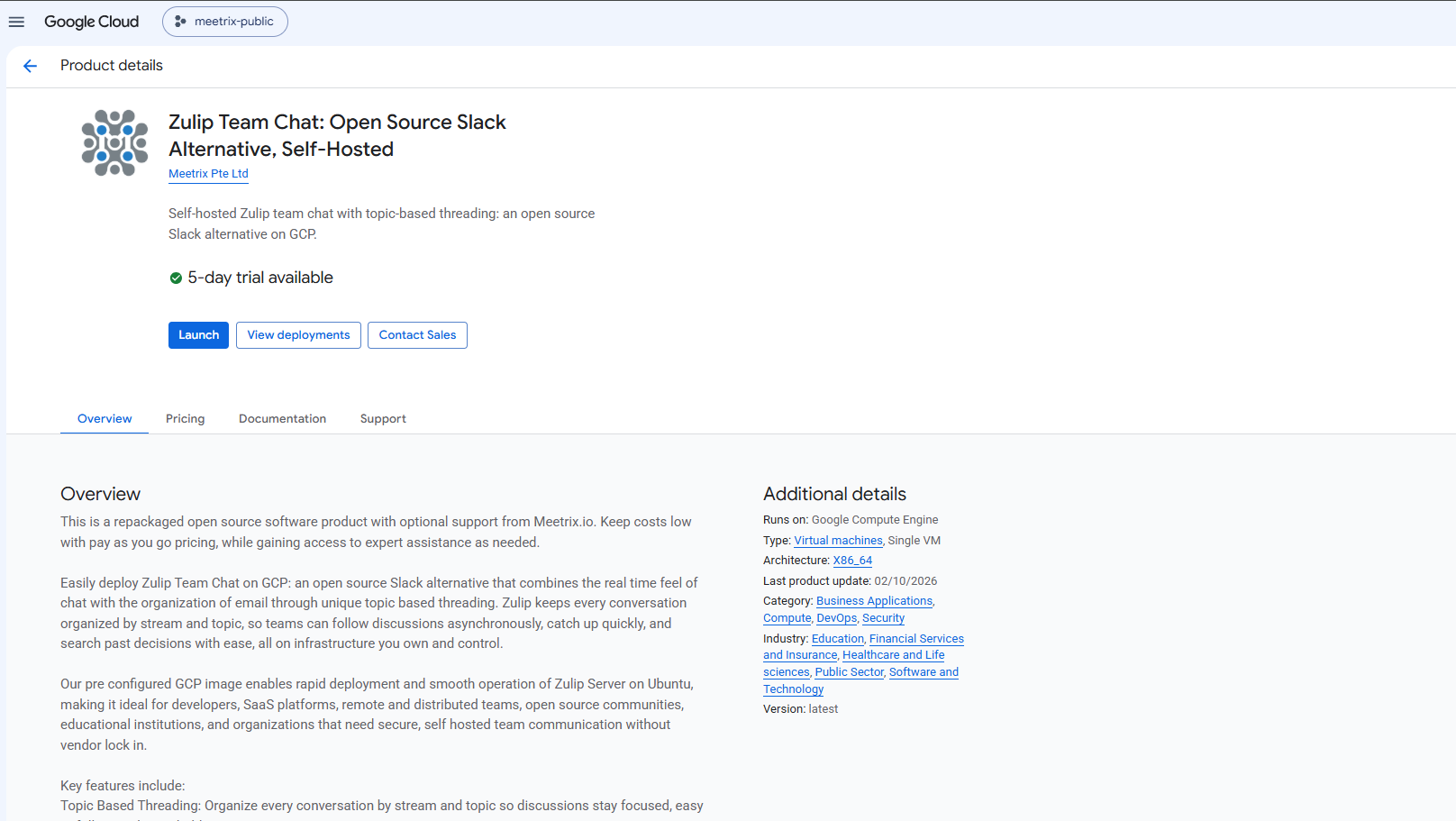 Zulip Team Chat product listing on GCP Marketplace by Meetrix Pte Ltd, showing the 5-day trial badge and the Launch button