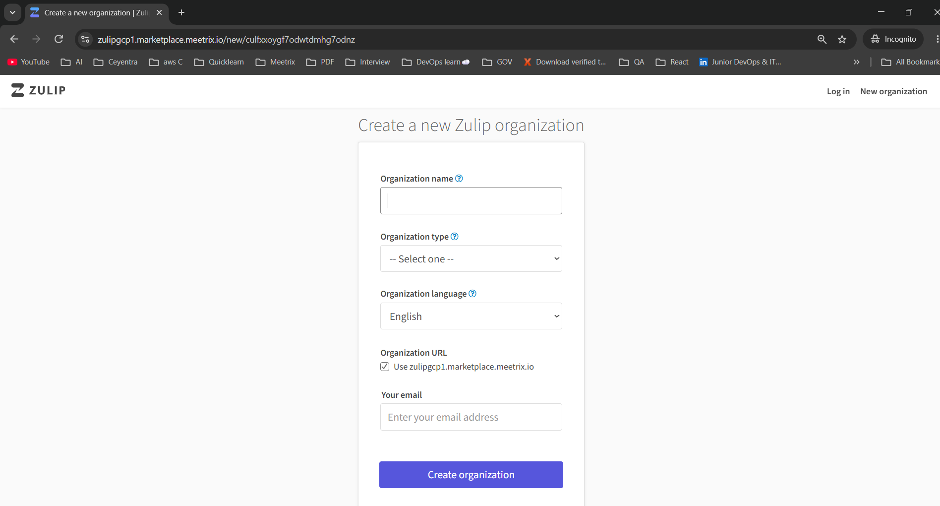 Create a new Zulip organization form with organization name, type, language, URL and email fields