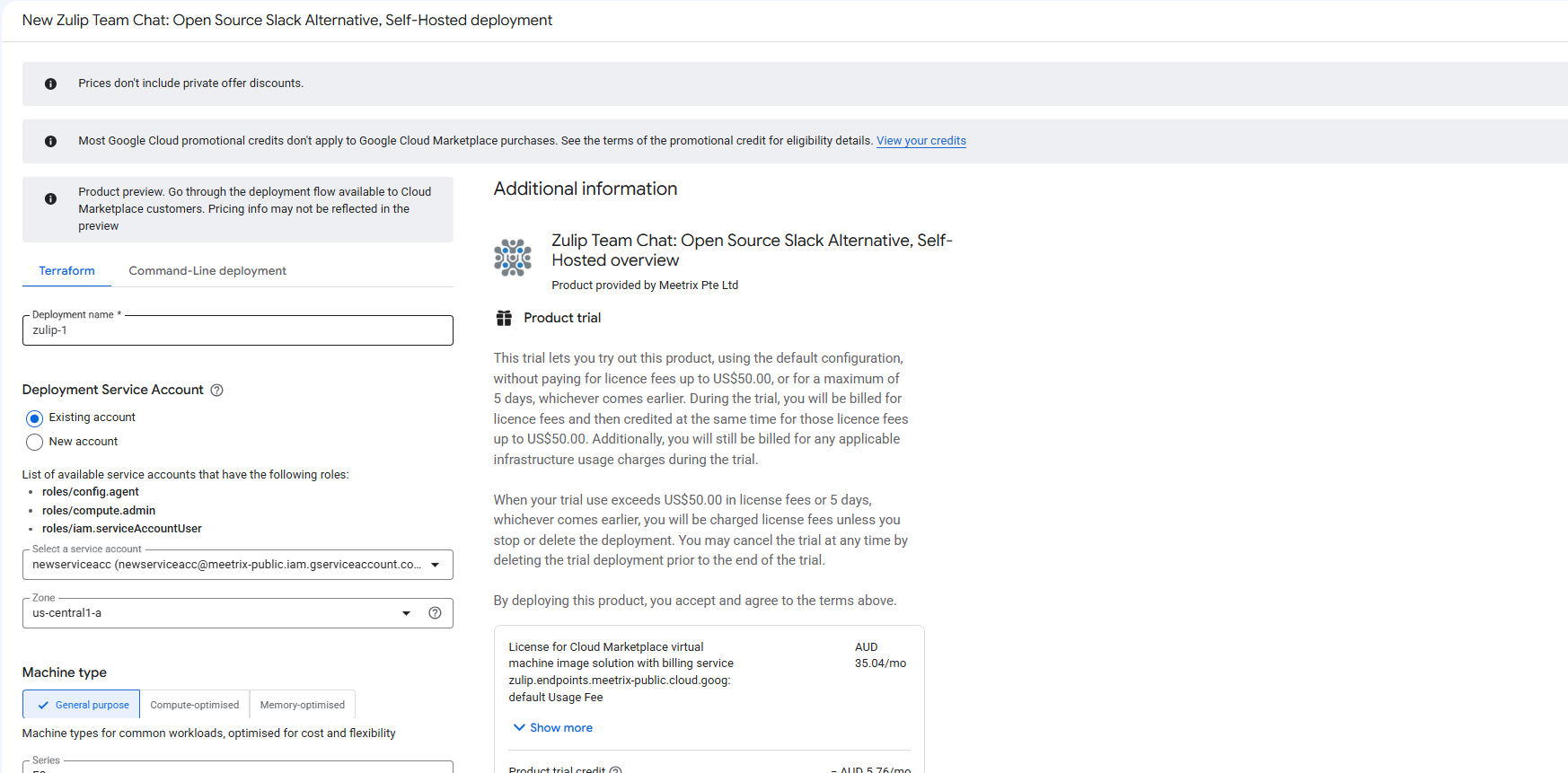New Zulip Team Chat deployment form on GCP showing the deployment name zulip-1, an existing deployment service account, the zone us-central1-a, and the product trial terms