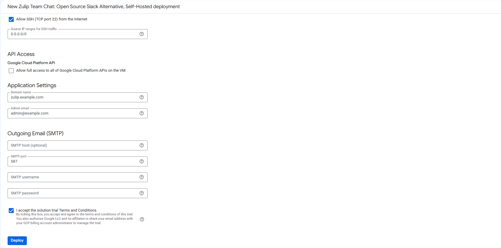 Zulip GCP Application Settings with the domain name and admin email fields, the Outgoing Email SMTP host, port 587, username and password fields, the trial terms checkbox, and the Deploy button