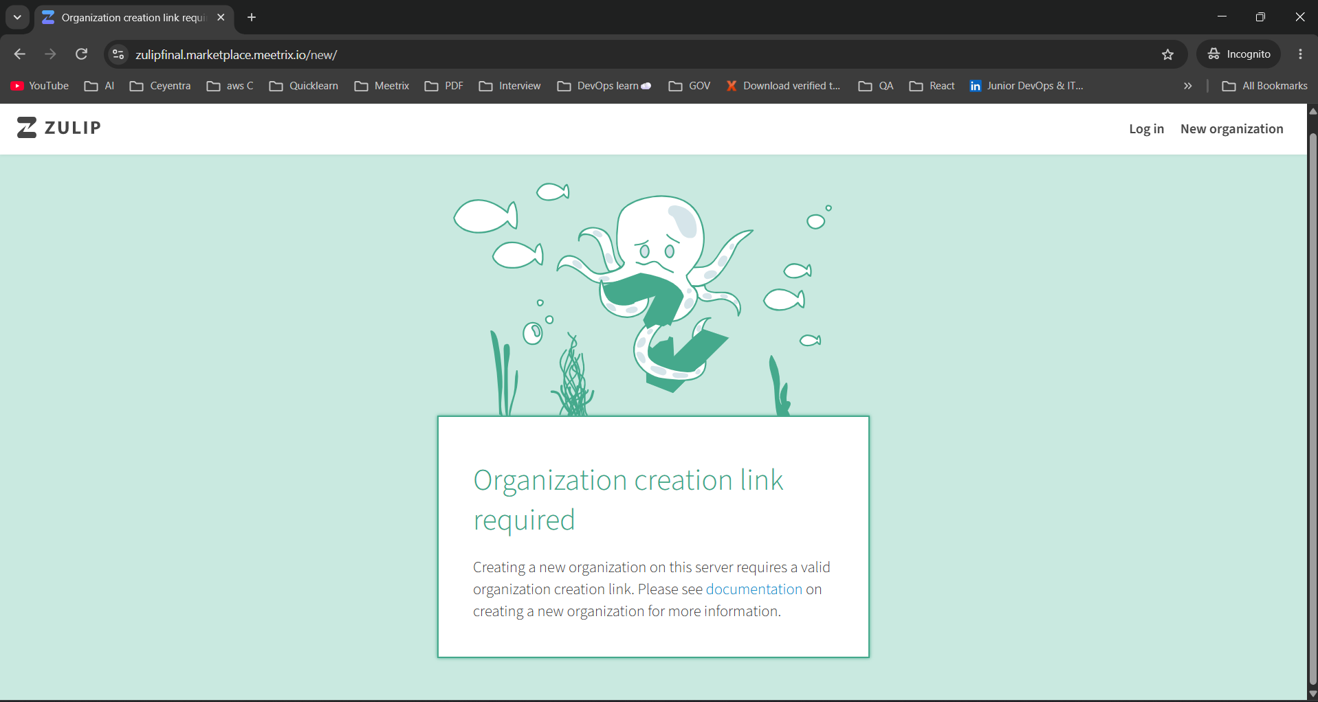 Zulip Organization creation link required page at the /new/ URL