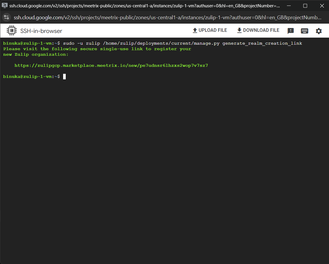 GCP SSH-in-browser terminal showing generate_realm_creation_link output with a secure single-use link to register a new Zulip organization