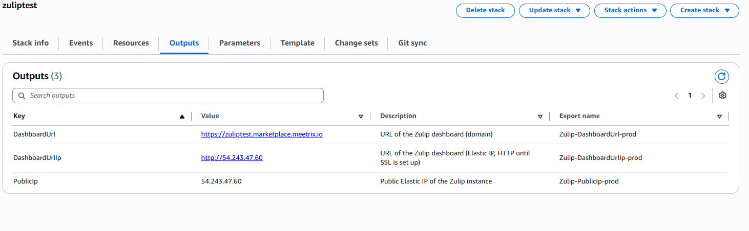 Zulip CloudFormation stack Outputs tab showing DashboardUrl, DashboardUrlIp, and PublicIp