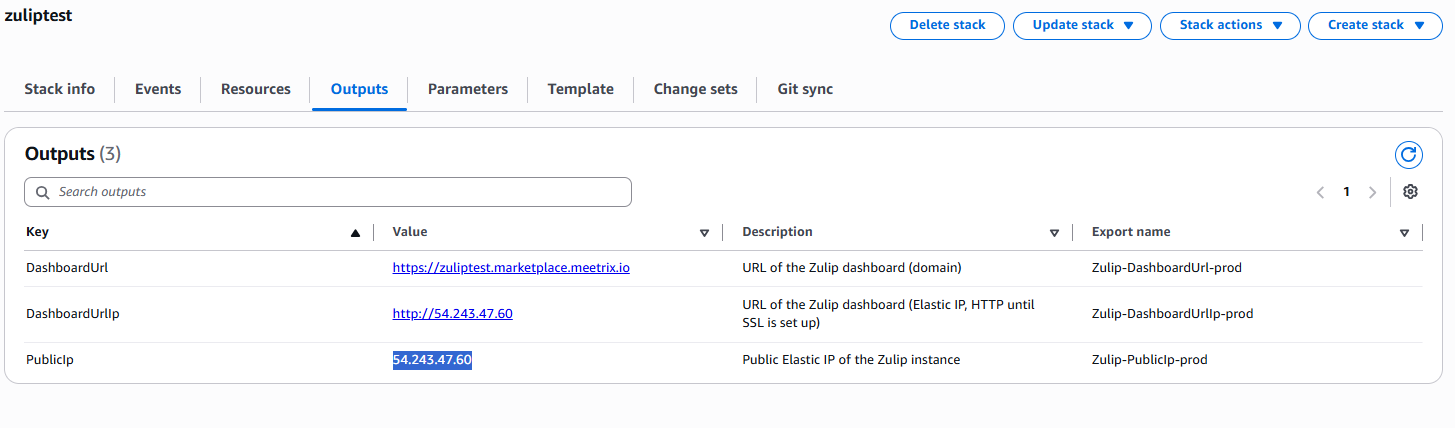 PublicIp value highlighted in the Zulip CloudFormation Outputs tab