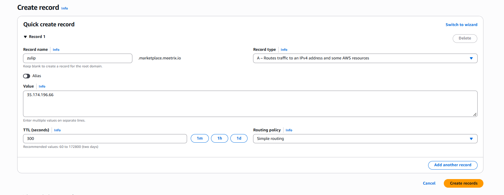Route 53 quick create record form with an A record named zulip pointing at the instance public IP