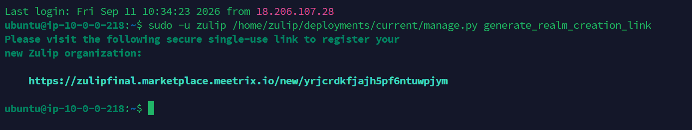 Terminal output of generate_realm_creation_link showing a secure single-use link to register a new Zulip organization