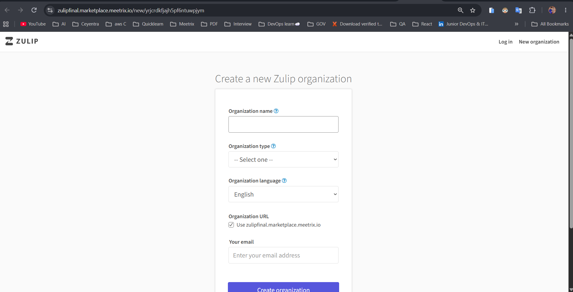 Create a new Zulip organization form with organization name, type, language, URL and email fields